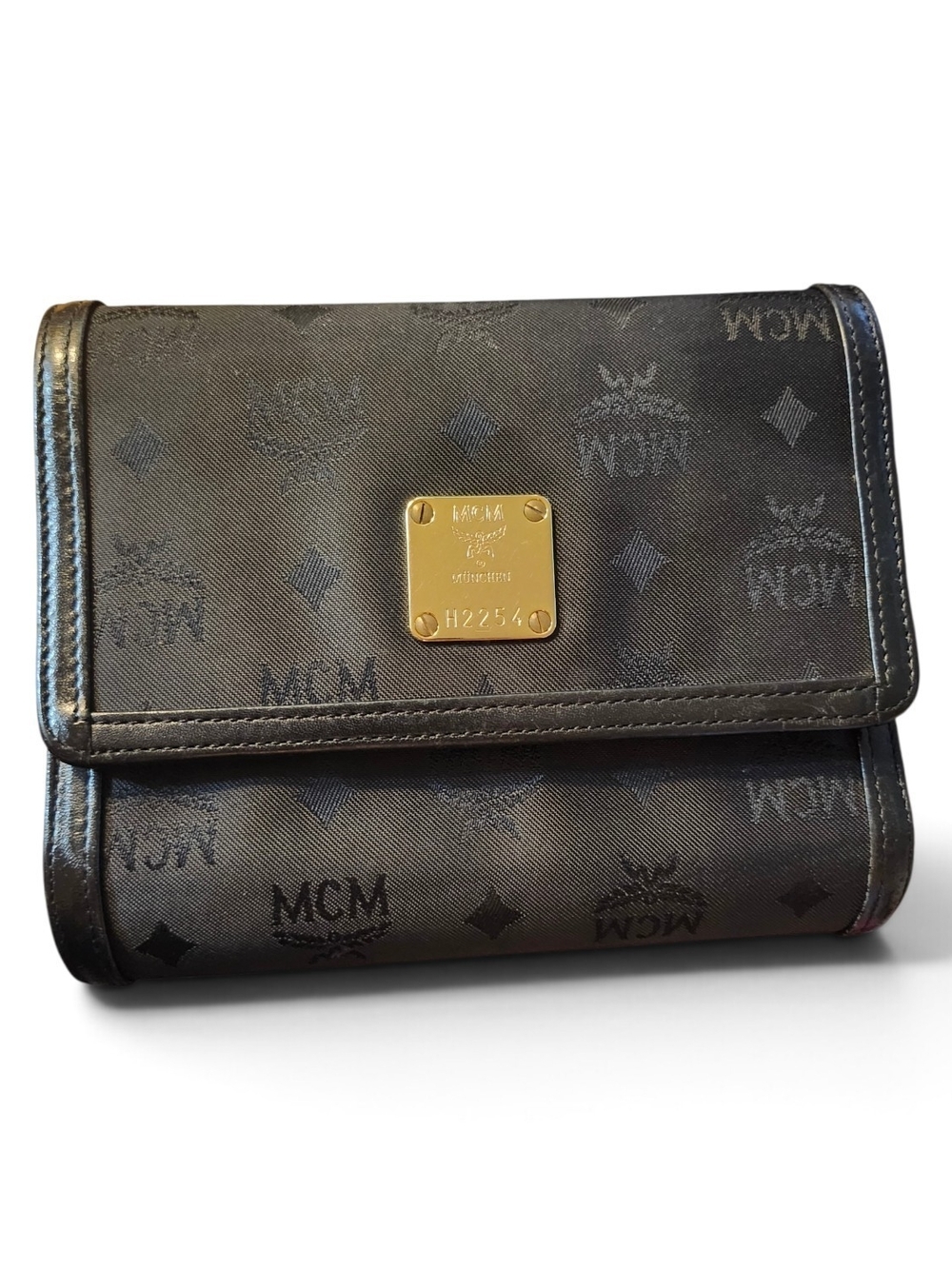 MCM Black Logo Tri-Fold Wallet with Gold Plaque